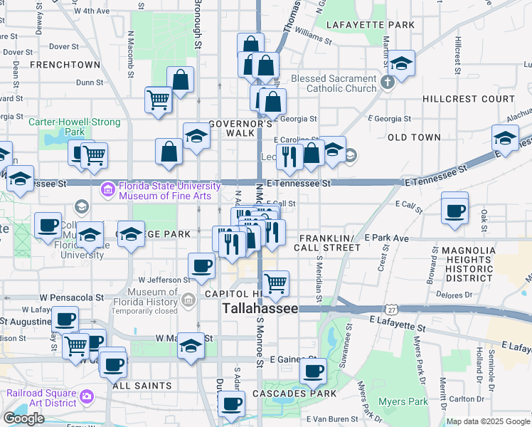map of restaurants, bars, coffee shops, grocery stores, and more near 101 North Monroe Street in Tallahassee
