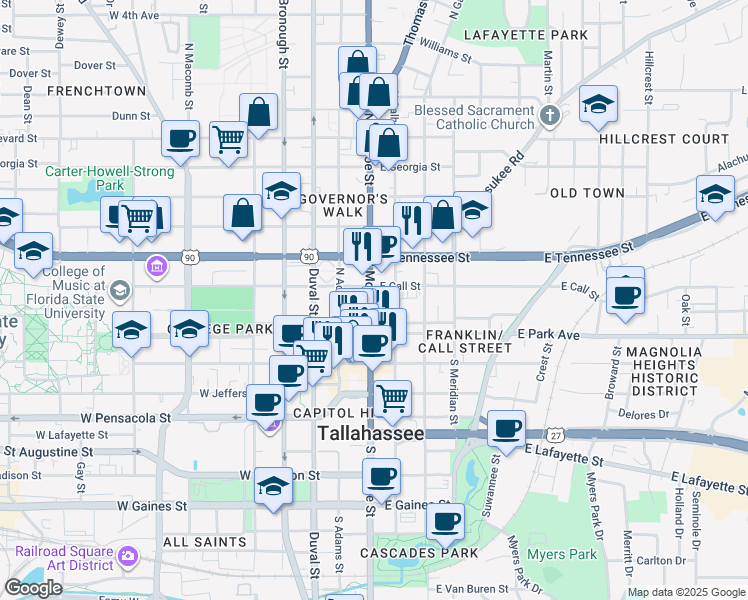 map of restaurants, bars, coffee shops, grocery stores, and more near 101 North Monroe Street in Tallahassee