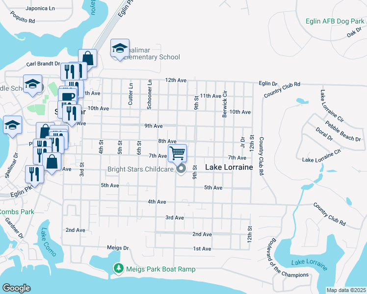 map of restaurants, bars, coffee shops, grocery stores, and more near 48 8th Street in Shalimar