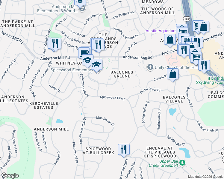 map of restaurants, bars, coffee shops, grocery stores, and more near 11515 Spicewood Parkway in Austin