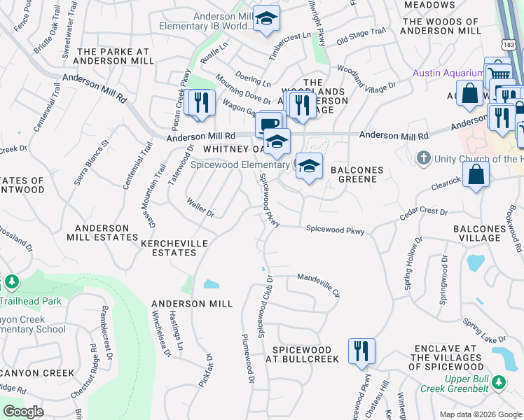 map of restaurants, bars, coffee shops, grocery stores, and more near 11310 Spicewood Parkway in Austin