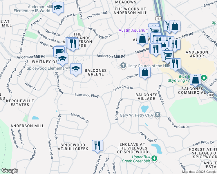 map of restaurants, bars, coffee shops, grocery stores, and more near 9405 Arch Hill Circle in Austin