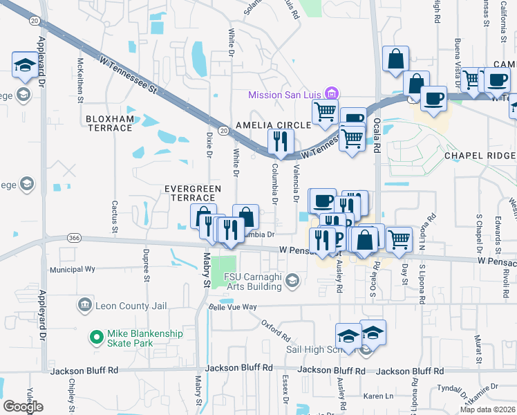 map of restaurants, bars, coffee shops, grocery stores, and more near 2307 Columbia Court in Tallahassee
