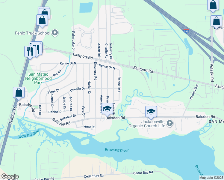 map of restaurants, bars, coffee shops, grocery stores, and more near 11356 Avery Drive in Jacksonville