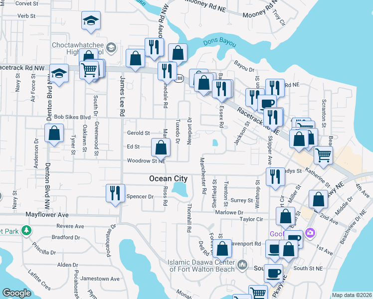 map of restaurants, bars, coffee shops, grocery stores, and more near 707 Newport Drive in Fort Walton Beach
