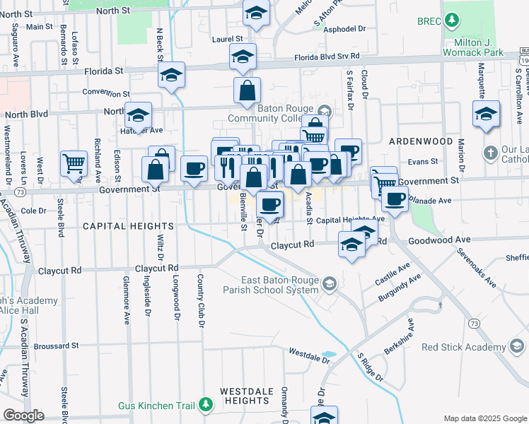 map of restaurants, bars, coffee shops, grocery stores, and more near 665 South Foster Drive in Baton Rouge