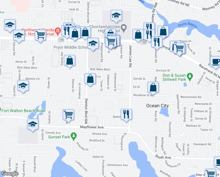 map of restaurants, bars, coffee shops, grocery stores, and more near 701 Oaklawn Street in Fort Walton Beach