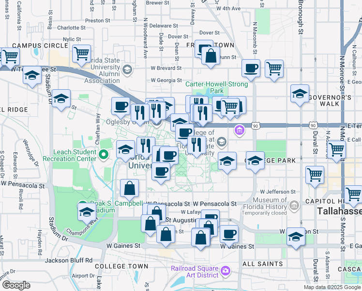 map of restaurants, bars, coffee shops, grocery stores, and more near 116 Honors Way in Tallahassee