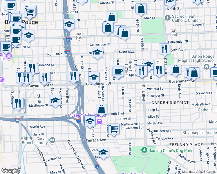 map of restaurants, bars, coffee shops, grocery stores, and more near 1440 Government Street in Baton Rouge