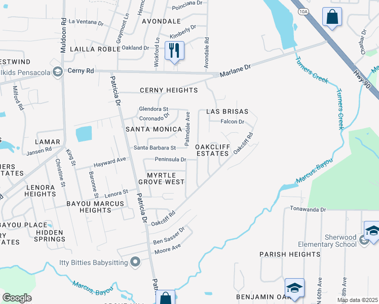map of restaurants, bars, coffee shops, grocery stores, and more near 7011 Santa Barbara Street in Pensacola