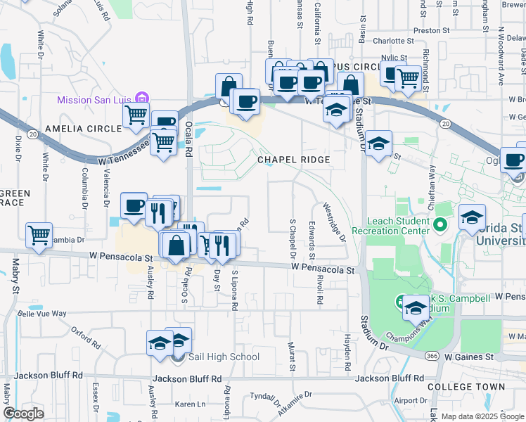 map of restaurants, bars, coffee shops, grocery stores, and more near 1836 Westminster Drive in Tallahassee