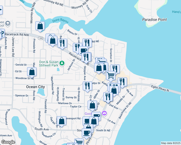 map of restaurants, bars, coffee shops, grocery stores, and more near 108 Katherine Street in Shalimar