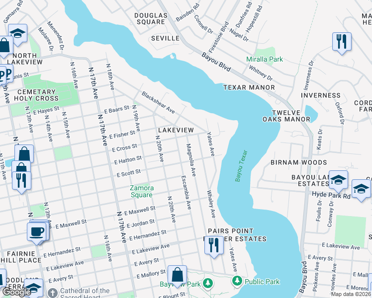 map of restaurants, bars, coffee shops, grocery stores, and more near 2200 East Scott Street in Pensacola