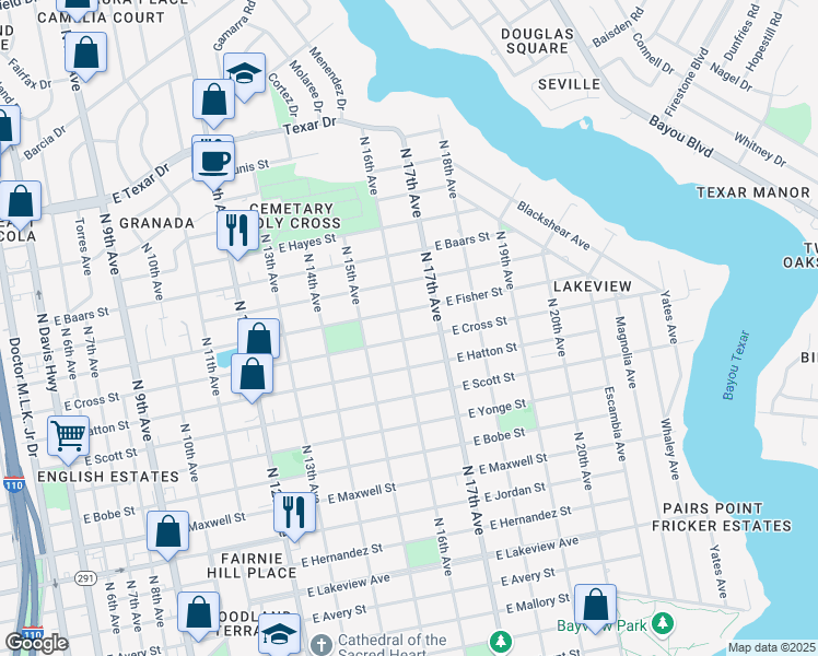 map of restaurants, bars, coffee shops, grocery stores, and more near 1531 East Cross Street in Pensacola