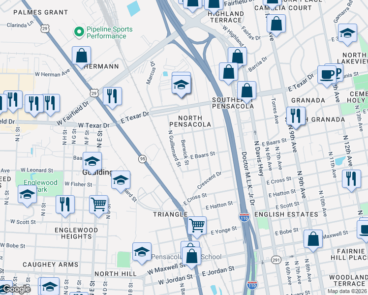 map of restaurants, bars, coffee shops, grocery stores, and more near in Goulding