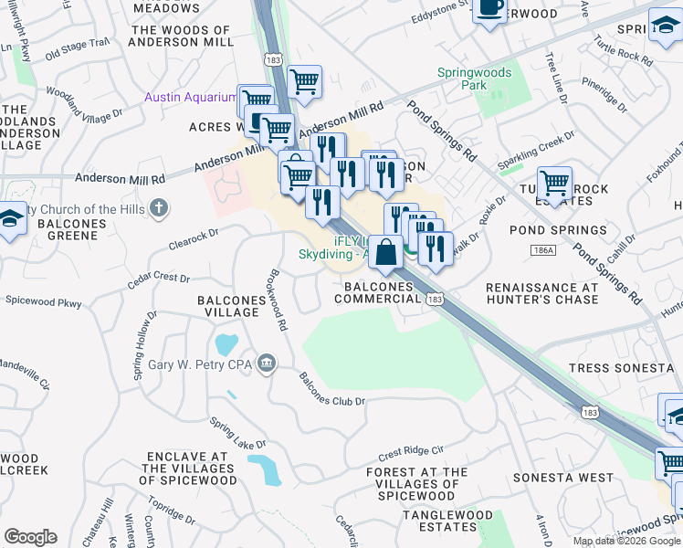 map of restaurants, bars, coffee shops, grocery stores, and more near 9218 Balcones Club Drive in Austin