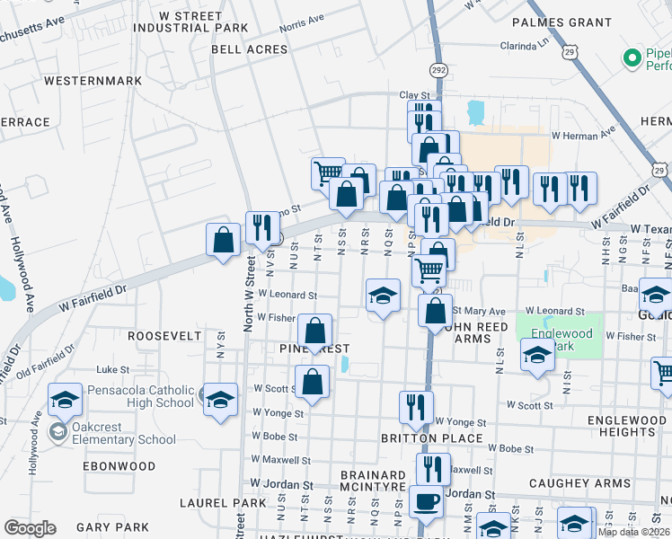 map of restaurants, bars, coffee shops, grocery stores, and more near 2901-2999 N S St in Pensacola