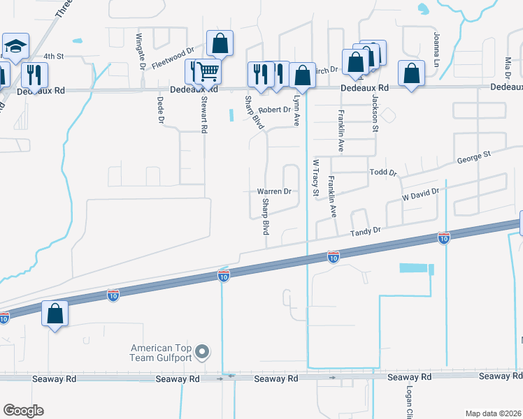map of restaurants, bars, coffee shops, grocery stores, and more near 10521 Bay Tree Drive in Gulfport
