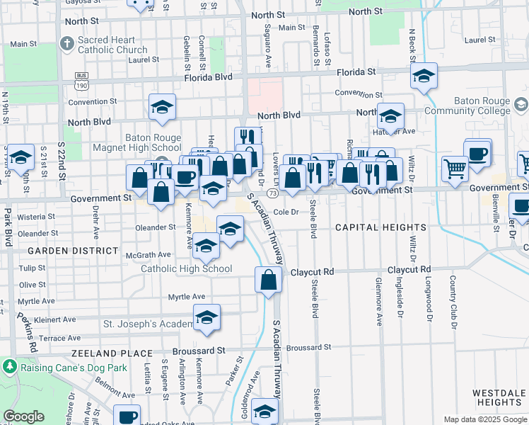 map of restaurants, bars, coffee shops, grocery stores, and more near 601 South Acadian Thruway in Baton Rouge