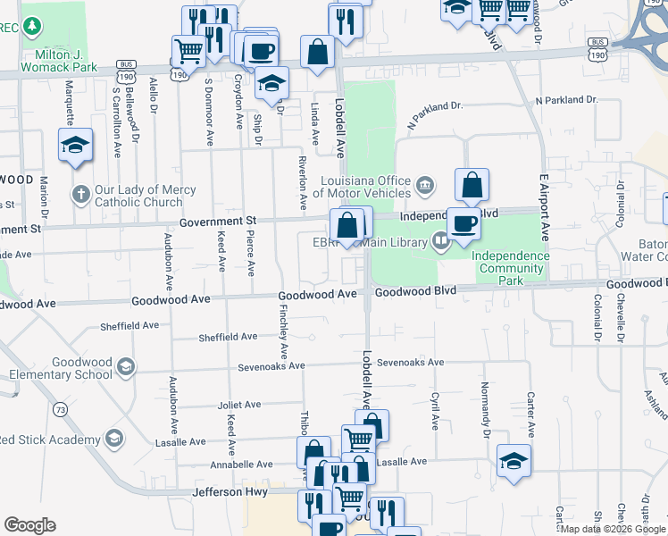 map of restaurants, bars, coffee shops, grocery stores, and more near 7366 Goodwood Avenue in Baton Rouge