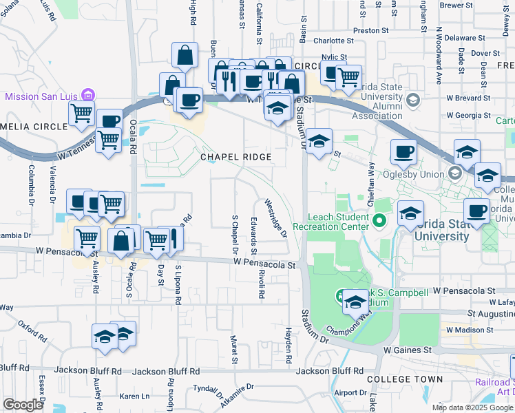 map of restaurants, bars, coffee shops, grocery stores, and more near 215 Edwards Street in Tallahassee