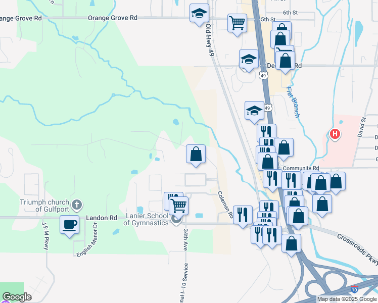 map of restaurants, bars, coffee shops, grocery stores, and more near 11089 Coleman Road in Gulfport