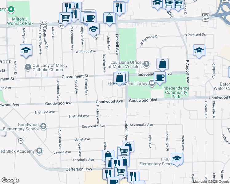 map of restaurants, bars, coffee shops, grocery stores, and more near 7366 Goodwood Avenue in Baton Rouge