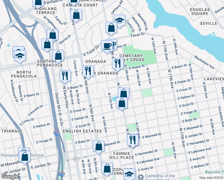 map of restaurants, bars, coffee shops, grocery stores, and more near 1105 East Leonard Street in Pensacola