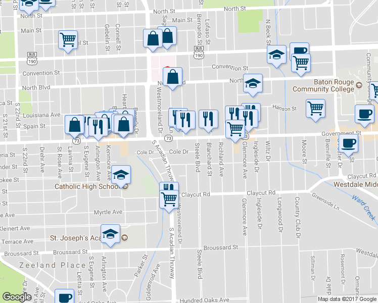 map of restaurants, bars, coffee shops, grocery stores, and more near 3711 Cole Drive in Baton Rouge