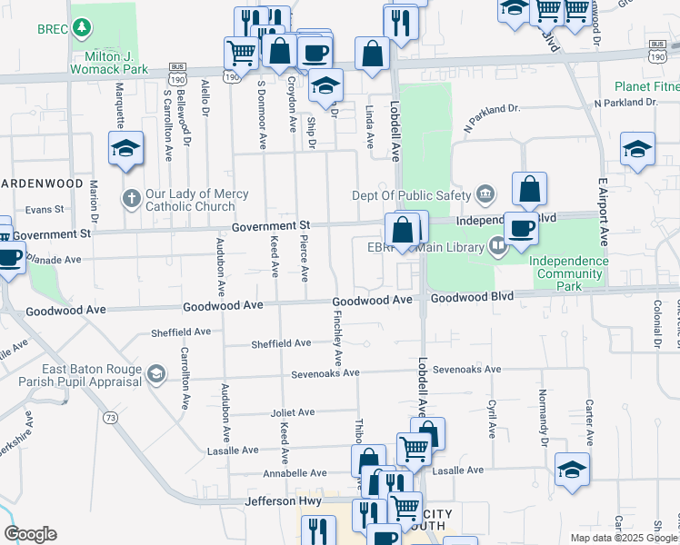 map of restaurants, bars, coffee shops, grocery stores, and more near 675 Finchley Avenue in Baton Rouge