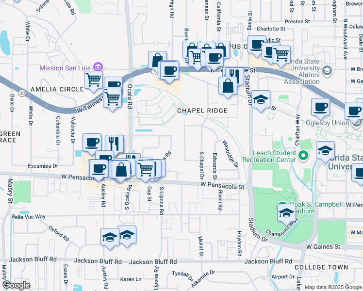 map of restaurants, bars, coffee shops, grocery stores, and more near 1836 Westminster Drive in Tallahassee
