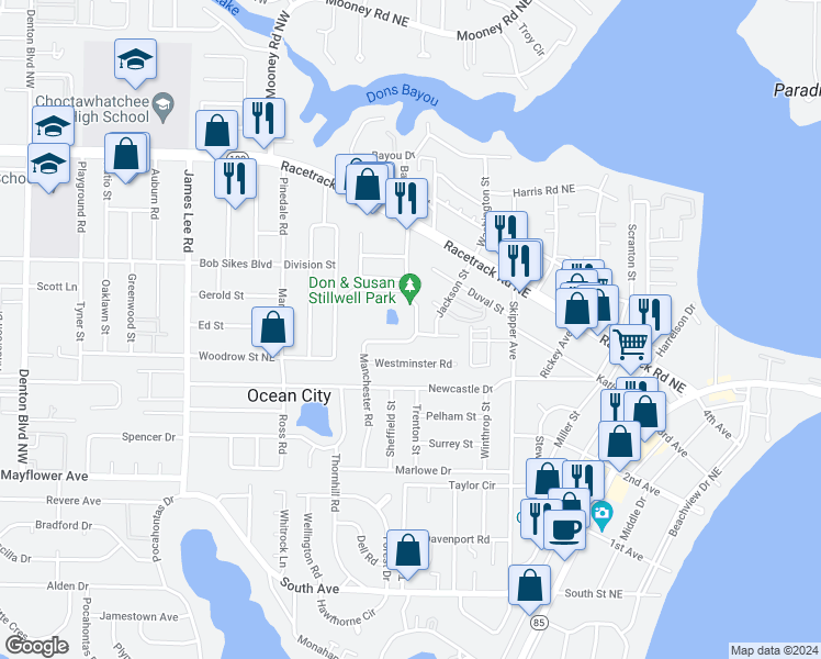 map of restaurants, bars, coffee shops, grocery stores, and more near 700 Essex Road in Fort Walton Beach
