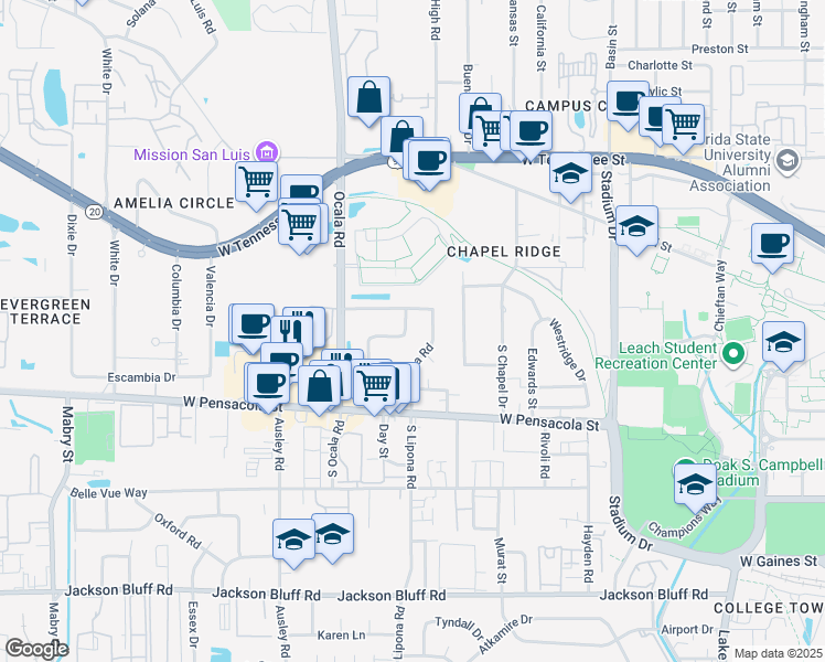 map of restaurants, bars, coffee shops, grocery stores, and more near 1901 Honeysuckle Drive in Tallahassee