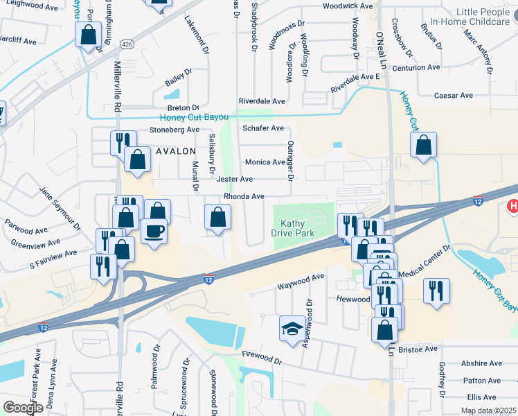 map of restaurants, bars, coffee shops, grocery stores, and more near 15315 Rhonda Avenue in Baton Rouge