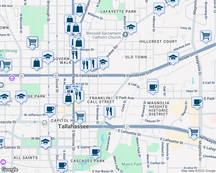 map of restaurants, bars, coffee shops, grocery stores, and more near 529 East Call Street in Tallahassee