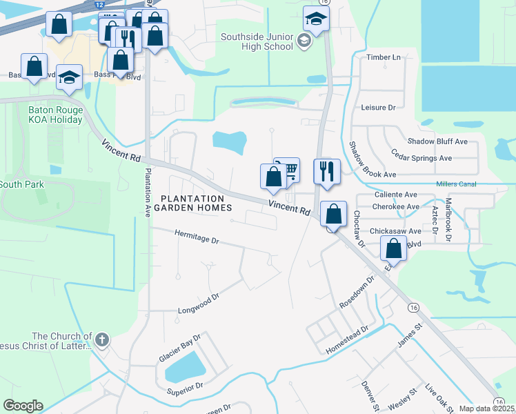 map of restaurants, bars, coffee shops, grocery stores, and more near 8409 Vincent Road in Denham Springs