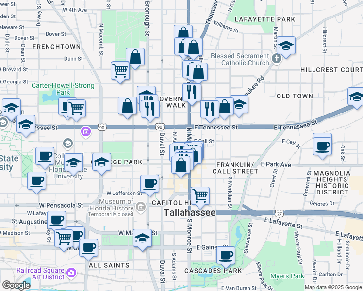 map of restaurants, bars, coffee shops, grocery stores, and more near 111 North Adams Street in Tallahassee