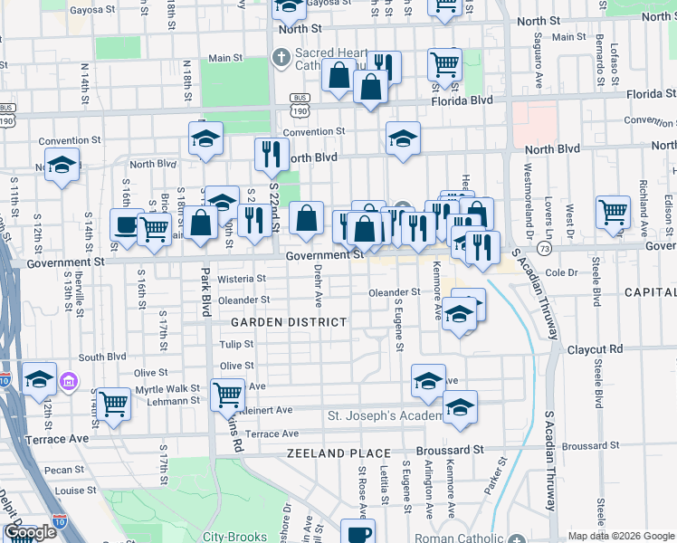 map of restaurants, bars, coffee shops, grocery stores, and more near 2427 Government Street in Baton Rouge