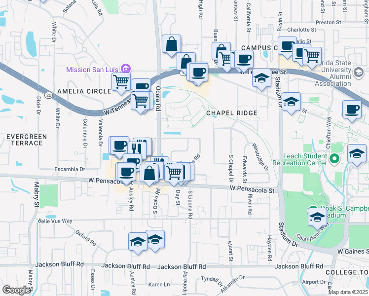map of restaurants, bars, coffee shops, grocery stores, and more near 1901 Honeysuckle Drive in Tallahassee