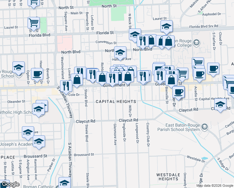 map of restaurants, bars, coffee shops, grocery stores, and more near 4242 Government Street in Baton Rouge