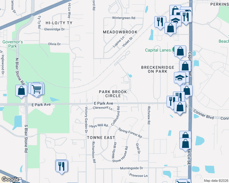 map of restaurants, bars, coffee shops, grocery stores, and more near 193 Parkbrook Circle in Tallahassee