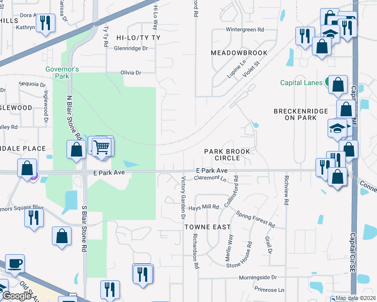 map of restaurants, bars, coffee shops, grocery stores, and more near 2134 Victory Garden Lane in Tallahassee
