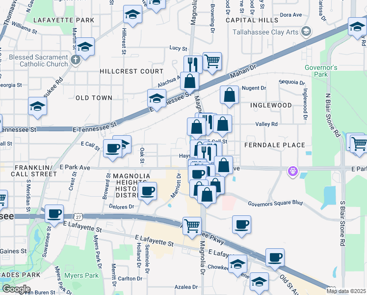 map of restaurants, bars, coffee shops, grocery stores, and more near 311 Vantage Point Lane in Tallahassee