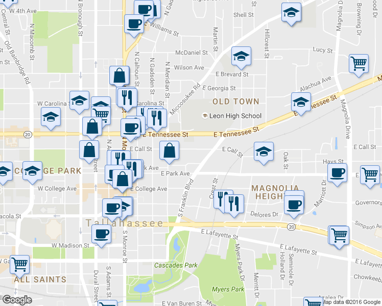 map of restaurants, bars, coffee shops, grocery stores, and more near 562 East Call Street in Tallahassee