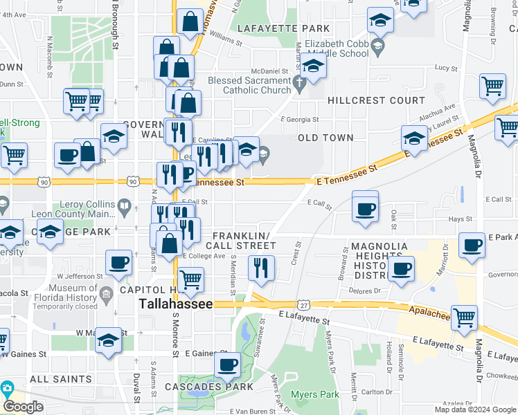 map of restaurants, bars, coffee shops, grocery stores, and more near 528 East Call Street in Tallahassee
