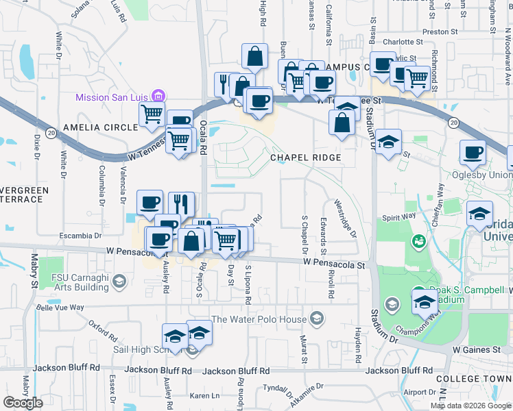 map of restaurants, bars, coffee shops, grocery stores, and more near 223 North Lipona Road in Tallahassee