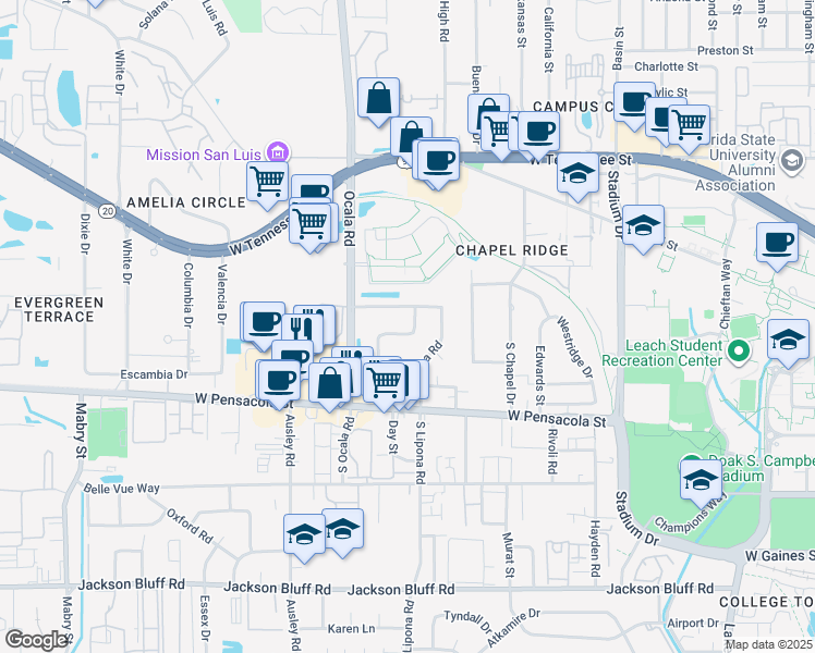 map of restaurants, bars, coffee shops, grocery stores, and more near 1901 Honeysuckle Drive in Tallahassee