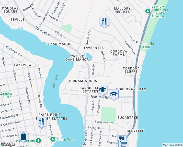 map of restaurants, bars, coffee shops, grocery stores, and more near 2139 Keats Drive in Pensacola