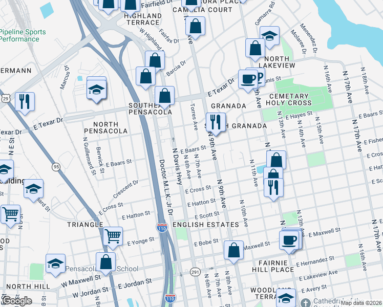 map of restaurants, bars, coffee shops, grocery stores, and more near 800 East Baars Street in Pensacola
