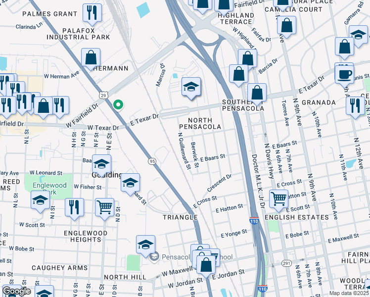 map of restaurants, bars, coffee shops, grocery stores, and more near 103 East Anderson Street in Pensacola